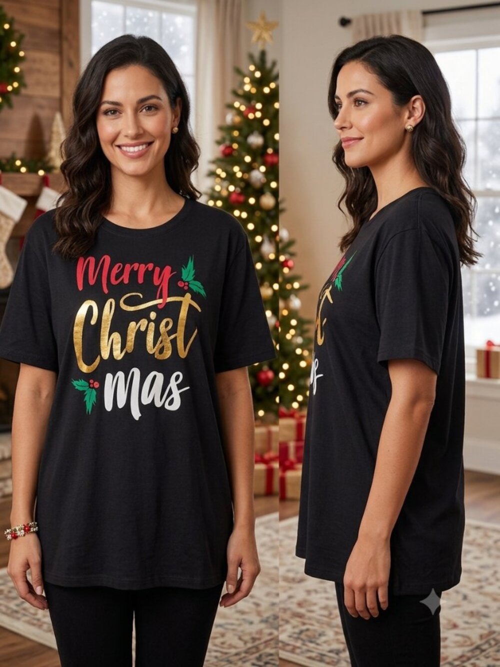 Holiday Time Women's Merry Christmas Graphic T-Shirt Black Size 2XL 20W/22W NEW